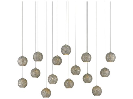 Currey & Company Giro 15-Light Painted Silver Nickel Blue Glass Globe Island Pendant