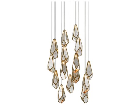 Currey & Company Glace 15-Light Painted Silver Antique Brass Glass Pendant