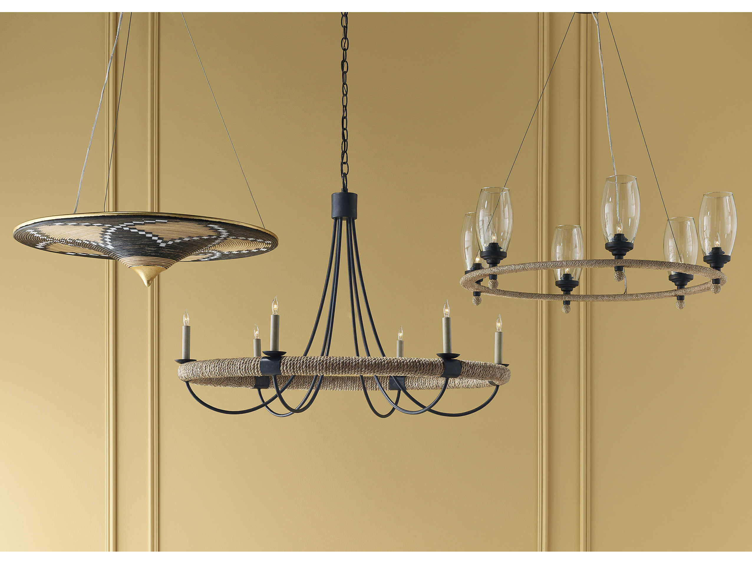 Currey & Company Hightider French Black 6light 35'' Wide Glass Medium Chandelier CY90000738