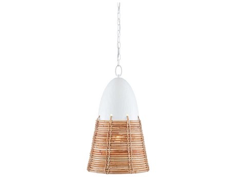 Currey & Company Arundo 1-Light Gesso White Paint Natural Rattan Brown Bell Pendant