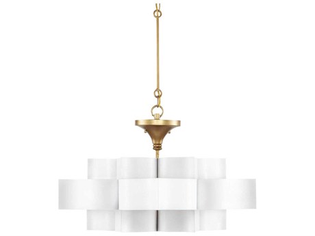 Currey & Company Grand Lotus 1-Light Sugar White Contemporary Gold Leaf Tiered Pendant