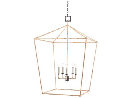 Currey & Company Denison 5-Light Mole Black Natural Rattan Brown Lantern Chandelier