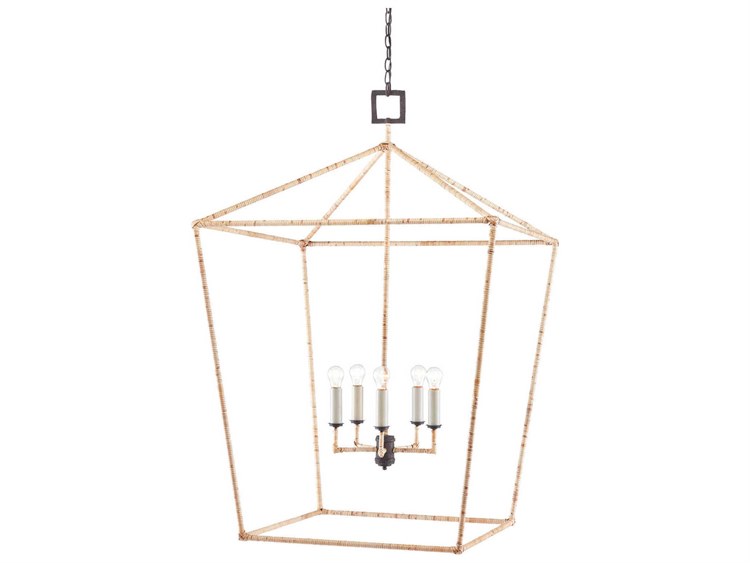 Photos - Chandelier / Lamp Currey & Company Denison 5-Light Mole Black Natural Rattan Brown Lantern Chandelier 9000-0871