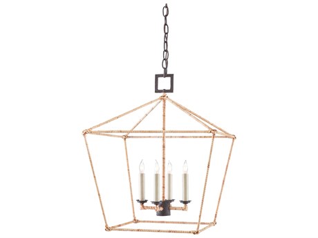 Currey & Company Denison 4-Light Mole Black Natural Rattan Lantern Chandelier