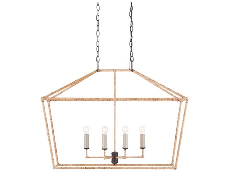 Currey & Company Denison 6-Light Mole Black Natural Rattan Brown Island Pendant