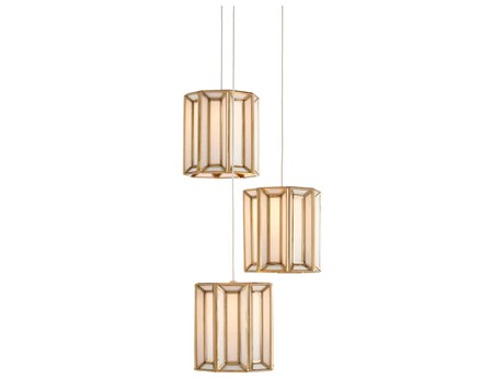 Currey & Company Daze 3-Light Antique Brass White Painted Silver Glass Geometric Mini Pendant