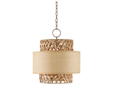 Currey & Company Isola 4-Light Khaki Natural Water Hyacinth Brown Cylinder Pendant
