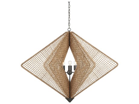 Currey & Company Shizen 3-Light Natural Rope hiroshi Gray Brown Geometric Linear Chandelier