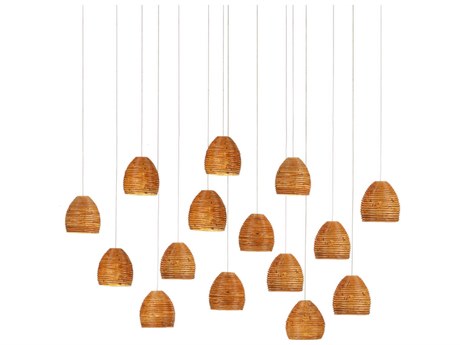 Currey & Company Beehive 15-Light Natural Rattan Silver Brown Dome Tiered Island Pendant