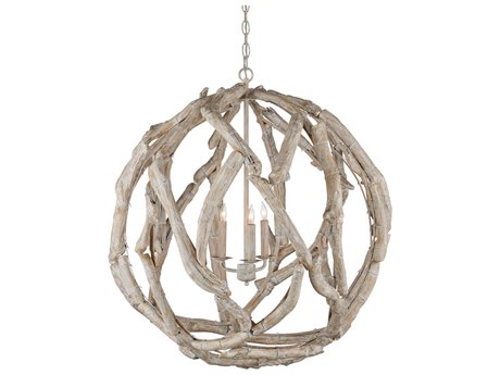 Currey & Company Driftwood 3-Light Whitewashed Driftwood Globe Chandelier