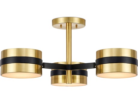 Currey & Company Heybrook 3-Light Polished Brass Black White Cylinder Semi Flush Mount