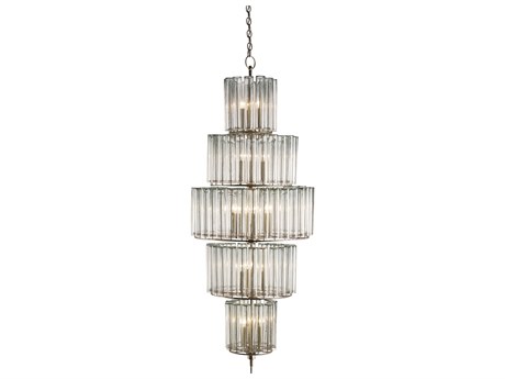 Currey & Company Bevilacqua 18-Light Silver Leaf Glass Candelabra Drum Tiered Chandelier