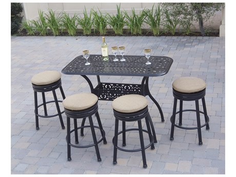 Darlee Outdoor Living Backless Cast Aluminum 5-Piece Round Counter Height Set with Cushions and 26 x 52'' Rectangular Counter Table