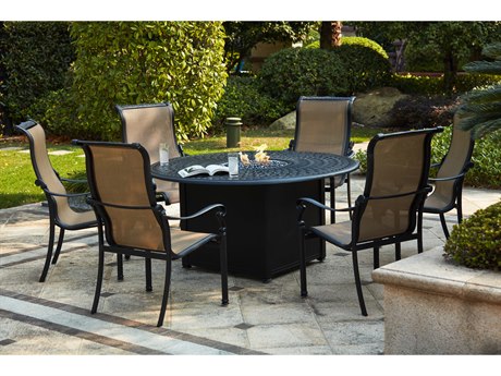 Darlee Outdoor Living Monterey Sling Cast Aluminum Antique Bronze 7 Piece Fire Pit Dining Set