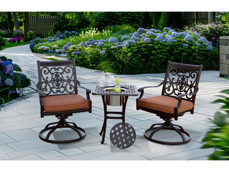 Darlee Outdoor Living Nassau Cast Aluminum Antique Bronze 3 Piece Lounge Set with Square Ice Bucket End Table in Sesame Cushions