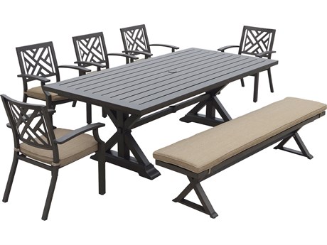 Darlee Outdoor Living Brooklyn Aluminum Multibrown 7 Piece Dining Set in Sesame Cushions with 86''W x 44''D Rectangular Dining Table