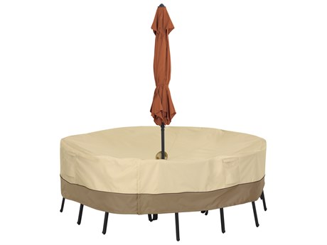 Duck Covers Veranda Pebble 96 Inch Large Round Table & Chairs Set Cover with Umbrella Hole
