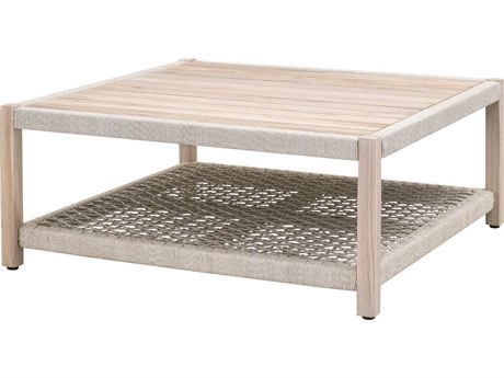 Essentials for Living Outdoor Woven Rope Taupe & White Flat Rope, Gray Teak Square Coffee Table