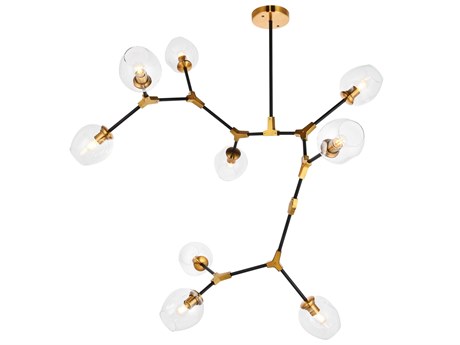 Elegant Lighting Cavoli 9-Light Light Antique Brass Flat Black Clear Glass Linear Island Pendant