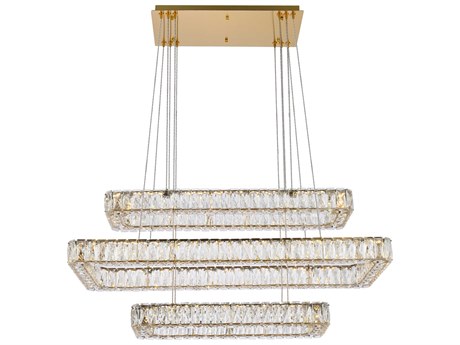 Elegant Lighting Monroe 3-Light Gold Crystal LED Linear Tiered Island Pendant