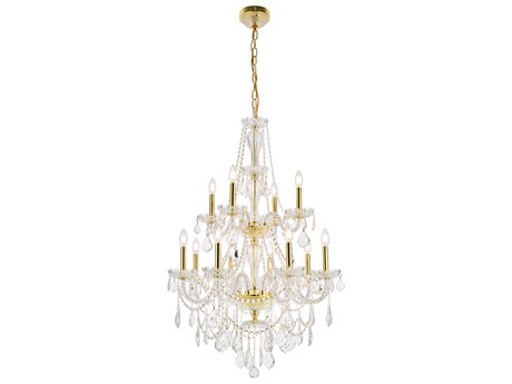 Elegant Lighting Giselle 12-Light Gold Crystal Glass Candelabra Empire Tiered Chandelier