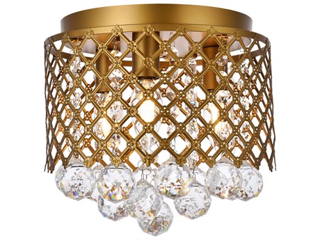 Elegant Lighting Tully 3-Light Brass And Clear Crystal Drum Flush Mount