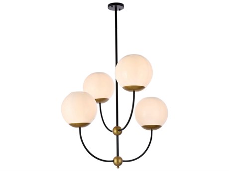 Elegant Lighting Lennon 4-Light Black And Brass White Glass Globe Tiered Chandelier