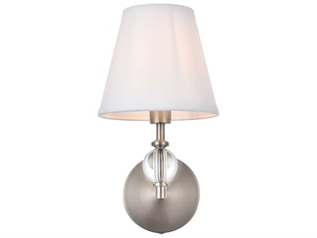 Elegant Lighting Bethany 1-Light Satin Nickel And White Fabric Shade Crystal Wall Sconce