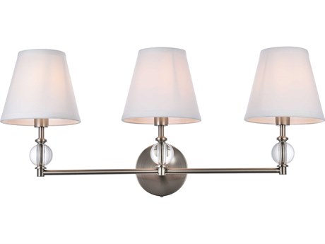 Elegant Lighting Bethany 3-Light Satin Nickel And White Fabric Shade Crystal Vanity Light