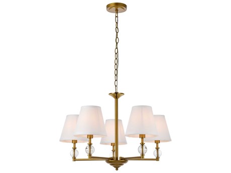 Elegant Lighting Bethany 5-Light Brass And White Fabric Shade Crystal Chandelier