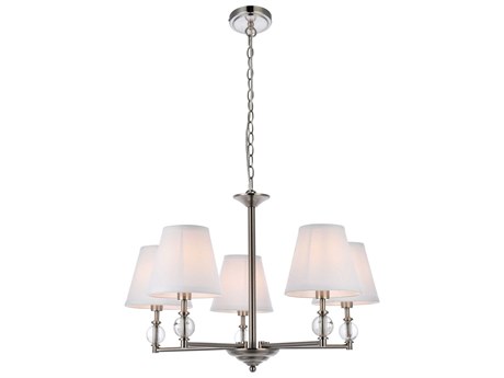 Elegant Lighting Bethany 5-Light Satin Nickel And White Fabric Shade Crystal Chandelier