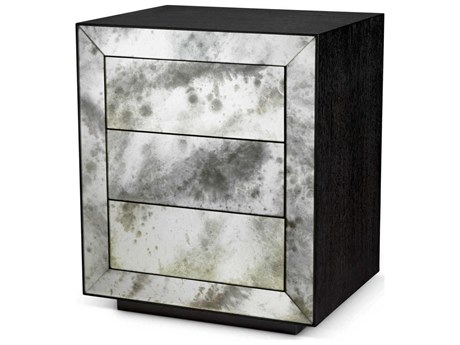 Eichholtz Bogart Charcoal Grey Oak Veneer Antique Mirror Glass Nightstand