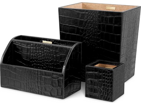 Eichholtz Scaleo Croco Embossed Black Leather Desk Set of 3