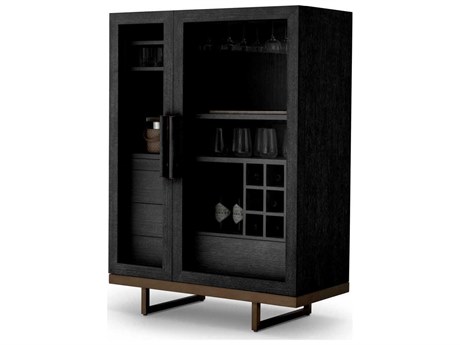 Eichholtz Connaught Charcoal Grey Oak Veneer Bronze Bar Cabinet