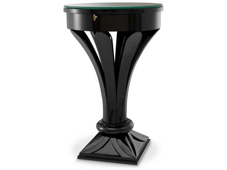 Eichholtz Aswan Round Piano Black Clear Glass Top End Table