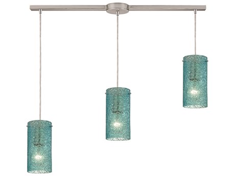 Elk Home Ice Fragments 3-Light Satin Nickel Blue Glass Cylinder Island Pendant