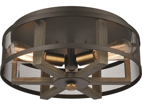 Elk Home Woodbridge 3-Light Matte Black Weathered Oak Aged Brass Wood Drum Flush Mount