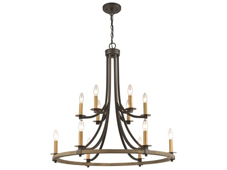 Elk Home Woodbridge 12-Light Matte Black Weathered Oak Aged Brass Wood Candelabra Tiered Chandelier