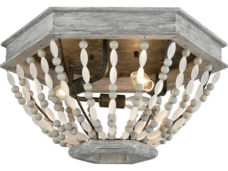 Elk Home Summerton 3-Light Washed Gray Malted Rust Wood Glass Flush Mount