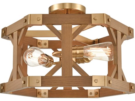 Elk Home Structure 3-Light Satin Brass Oak Wood Geometric Semi Flush Mount