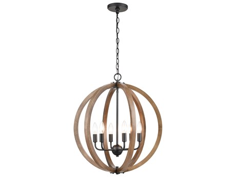 Elk Home Barrow 6-Light Birchwood Matte Black Candelabra Globe Round Chandelier