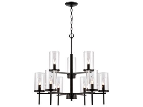 Elk Home Oakland 9-Light Black Glass Candelabra Cylinder Tiered Chandelier
