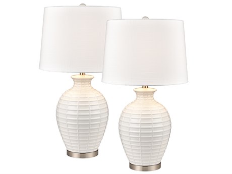 Elk Home Junia White Glazed Satin Nickel Textured Linen Buffet Lamp Set of 2