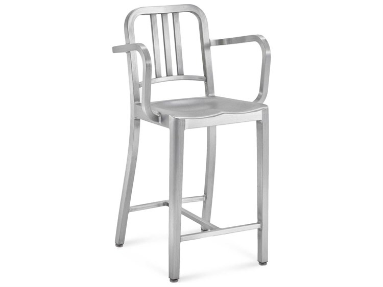 Emeco Outdoor Navy Brushed Aluminum Counter Stool with Arms