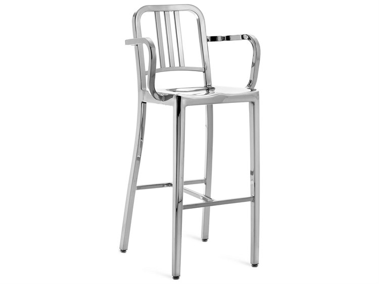 Emeco Outdoor Navy Polished Aluminum Bar Stool with Arms