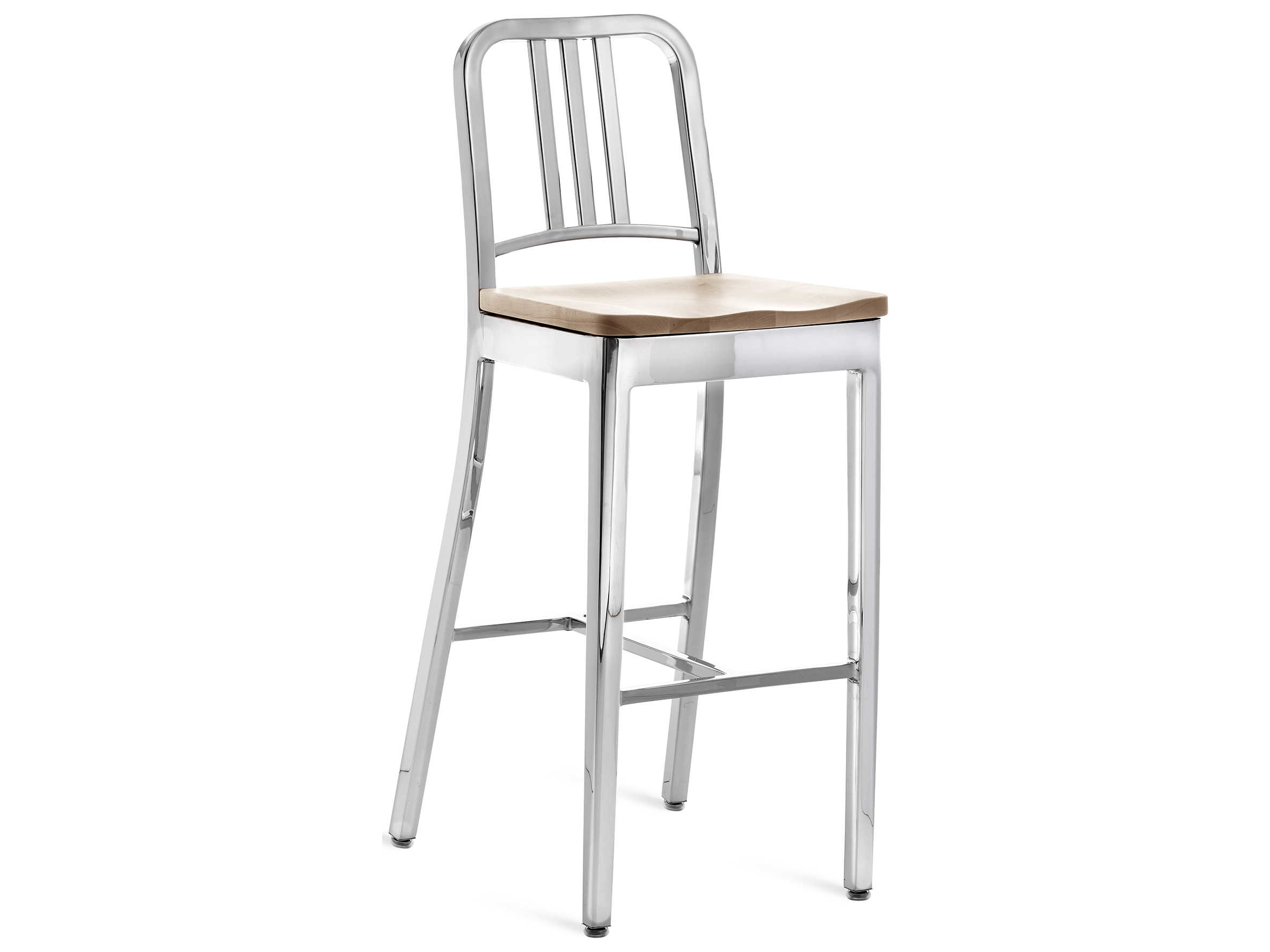 Emeco Outdoor Navy Polished Aluminum Bar Stool with Ash Wood Seat