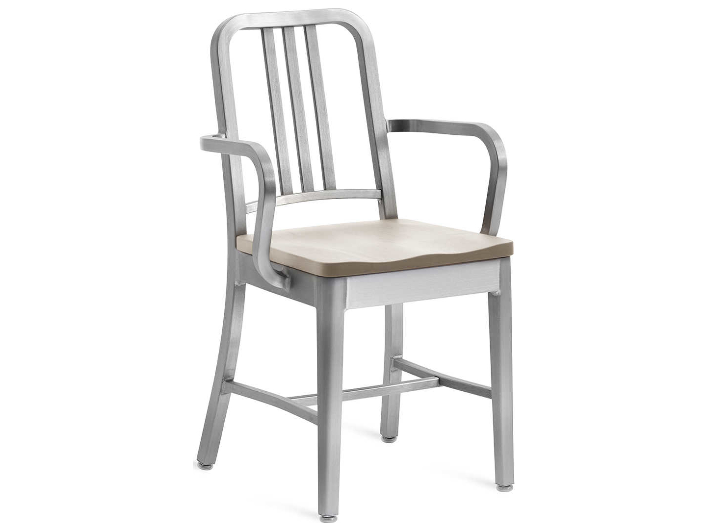 Emeco Outdoor Navy Brushed Aluminum Dining Arm Chair with Ash Wood Seat