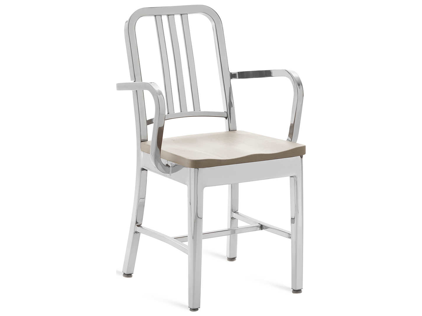 Emeco Outdoor Navy Polished Aluminum Dining Arm Chair with Ash Wood