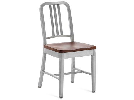 Emeco Outdoor Navy Brushed Aluminum Dining Side Chair With Cherry Wood Seat 1104 Cherry