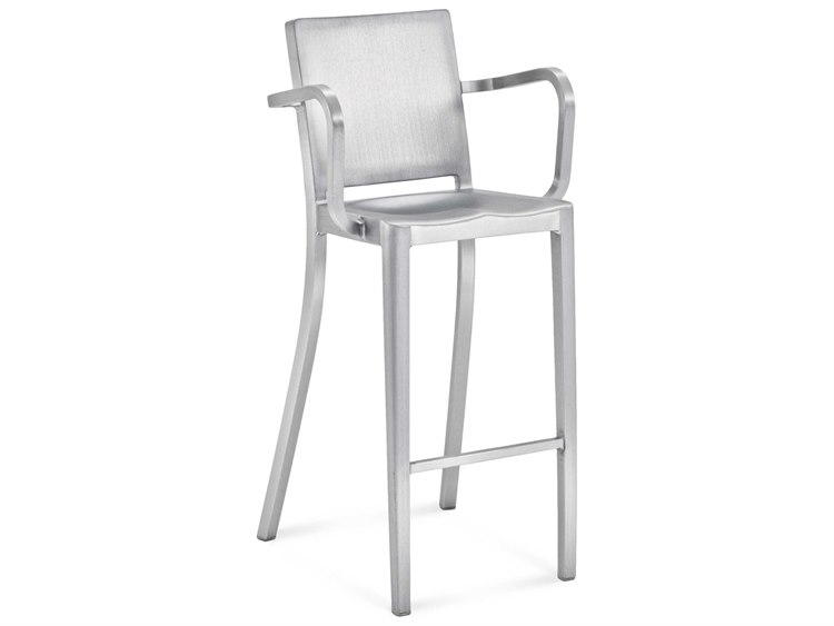 Emeco Outdoor Hudson Brushed Aluminum Bar Stool with Arms